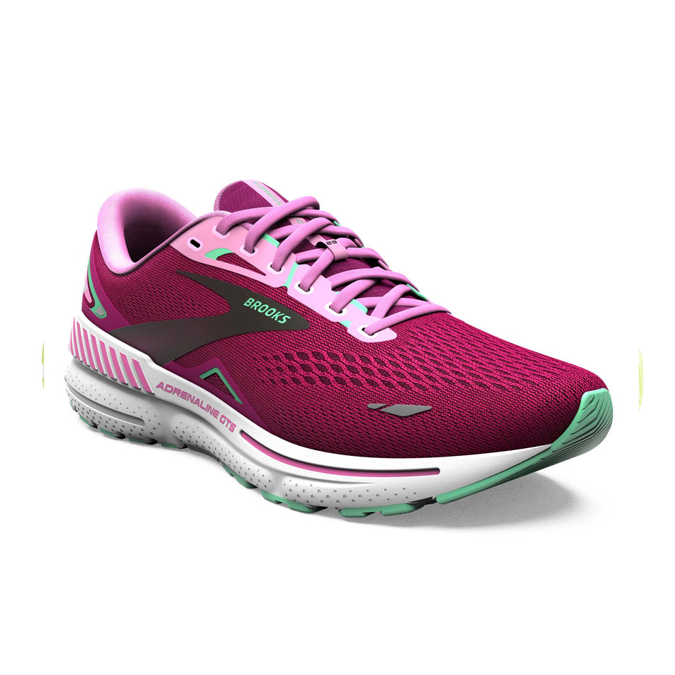 Lateral side of the right shoe from a pair of Brooks Women's Adrenaline GTS 23 Running Shoes in the Pink/Festival Fuchsia/Black colourway (7901115646114)