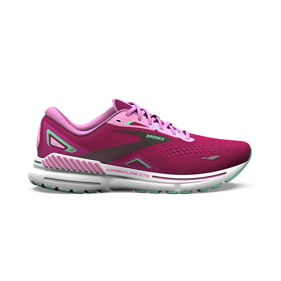 Lateral side of the right shoe from a pair of Brooks Women's Adrenaline GTS 23 Running Shoes in the Pink/Festival Fuchsia/Black colourway (7901115646114)