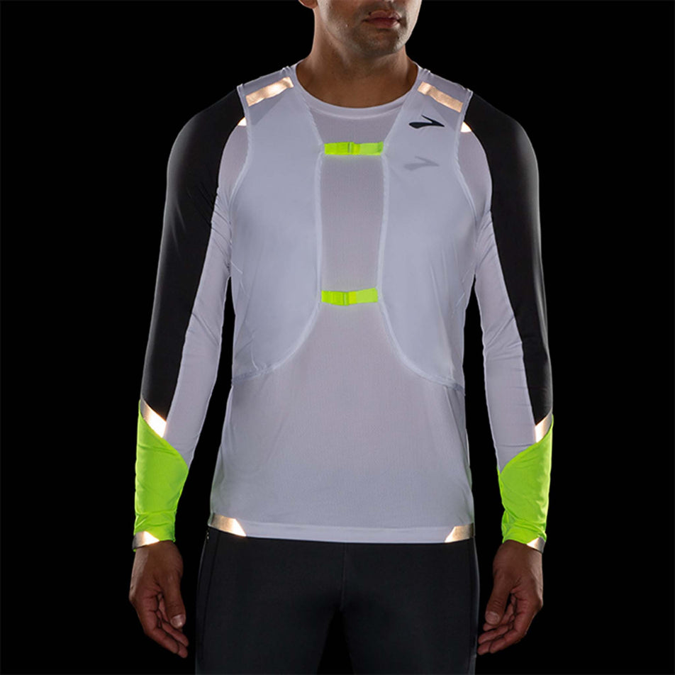 Front reflective vest view of Brooks Men's Run Visible Convertible Jacket in white (7599102328994)