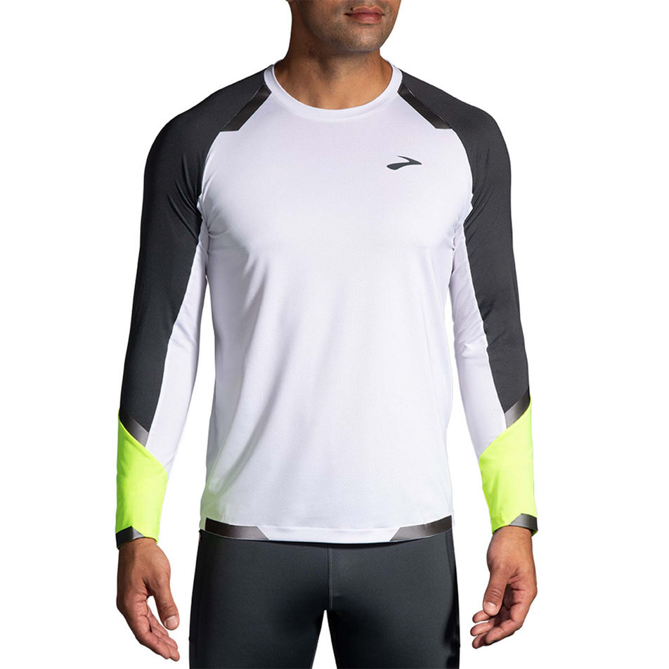 Front model view of Brooks Men's Run Visible Long Sleeve in white (7599105310882)
