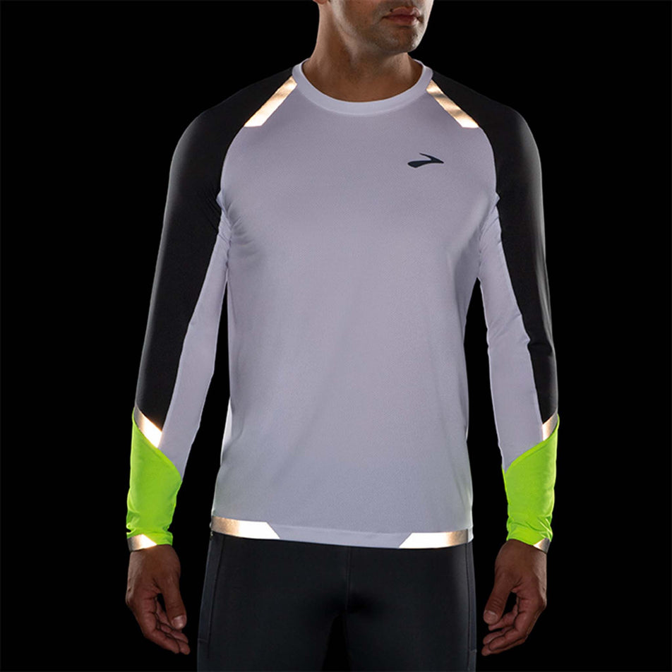 Front reflective view of Brooks Men's Run Visible Long Sleeve in white (7599105310882)