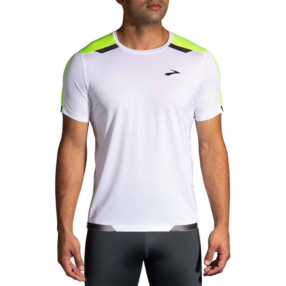 Front model view of Brooks Men's Run Visible Short Sleeve in white (7599108325538)