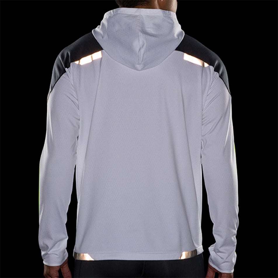 Reflective back view of Brooks Men's Run Visible Thermal Hoodie in white (7599103180962)