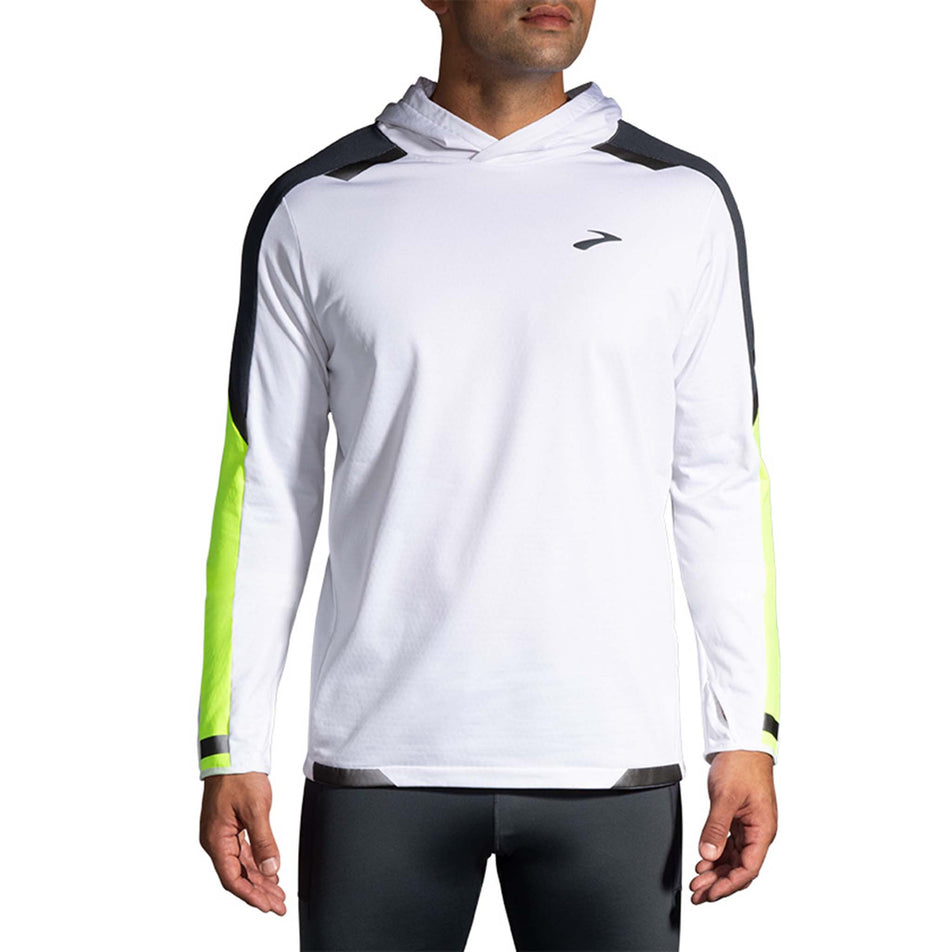 Front model view of Brooks Men's Run Visible Thermal Hoodie in white (7599103180962)