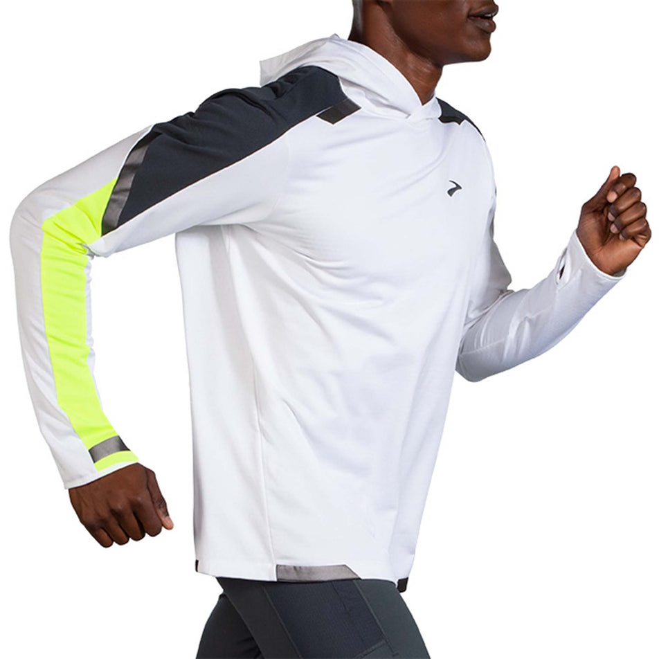 Side model view of Brooks Men's Run Visible Thermal Hoodie in white (7599103180962)