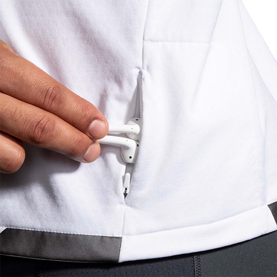 Secure pocket view of Brooks Men's Run Visible Thermal Hoodie in white (7599103180962)