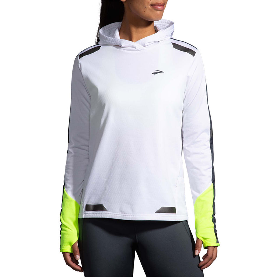 Front model view of Brooks Women's Run Visible Thermal Hoodie in white (7599100625058)