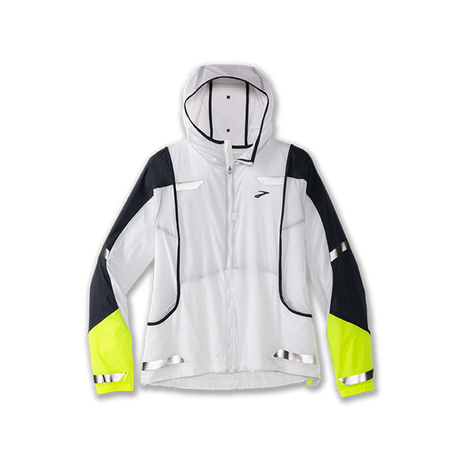 Front view of Brooks Women's Run Visible Convertible Running Jacket in white (7596656722082)