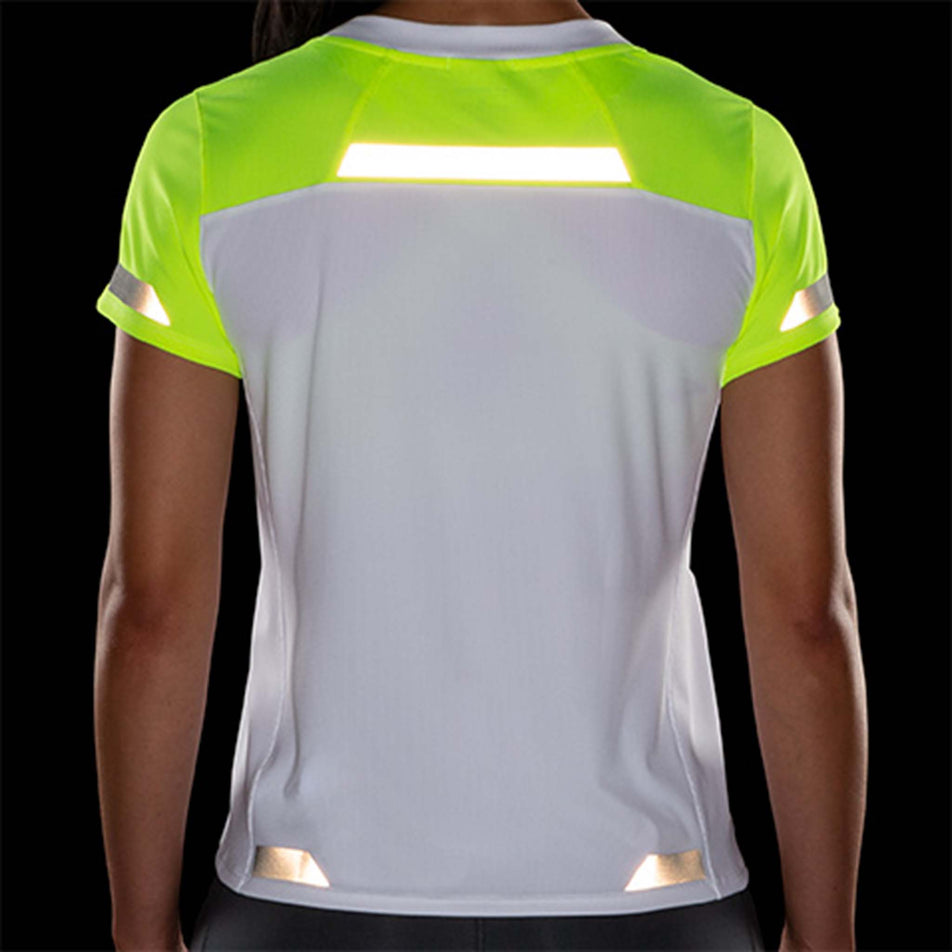 Back reflective view of Brooks Women's Run Visible Short Sleeve in white (7599100985506)