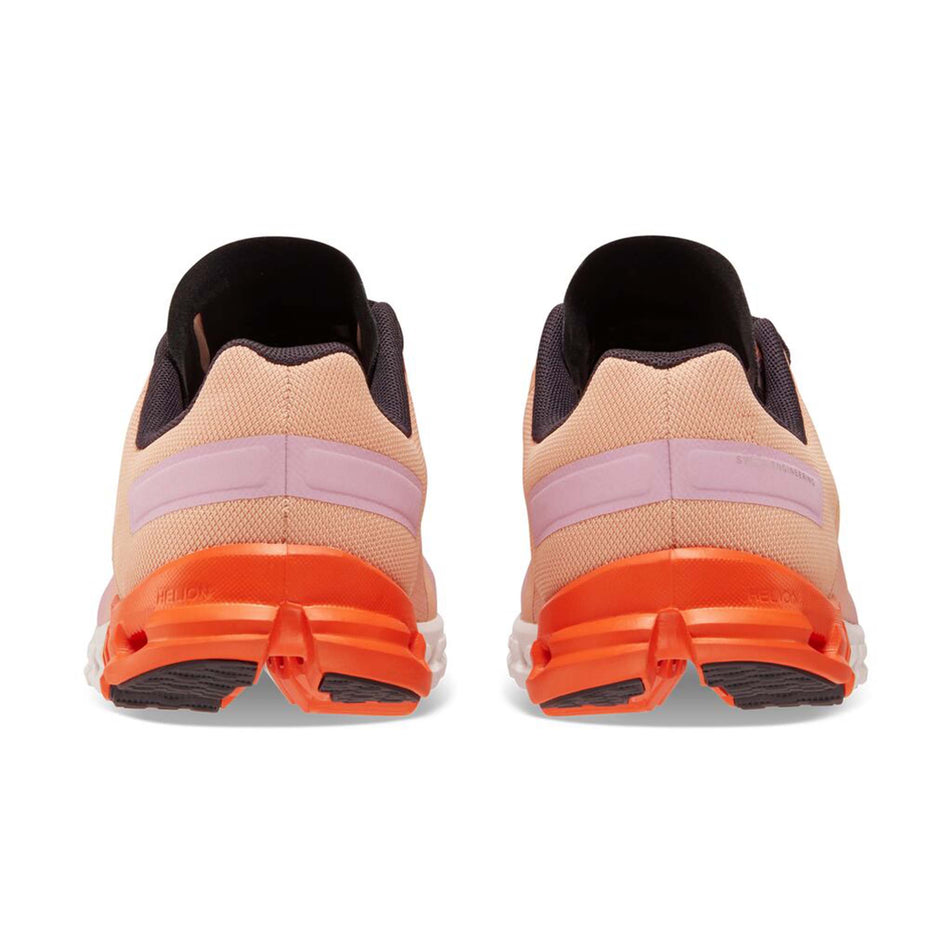 Posterior view of women's on cloudflow running shoes in pink (7525347557538)