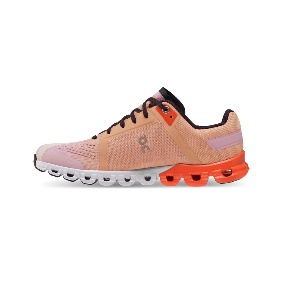 Medial view of women's on cloudflow running shoes in pink (7525347557538)