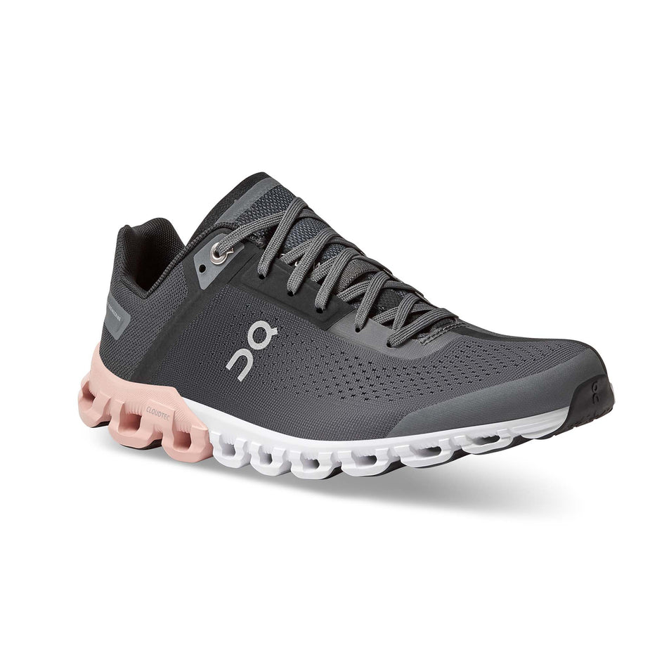 Right shoe anterior angled view of On Women's Cloudflow Running Shoes in grey (7674713276578)