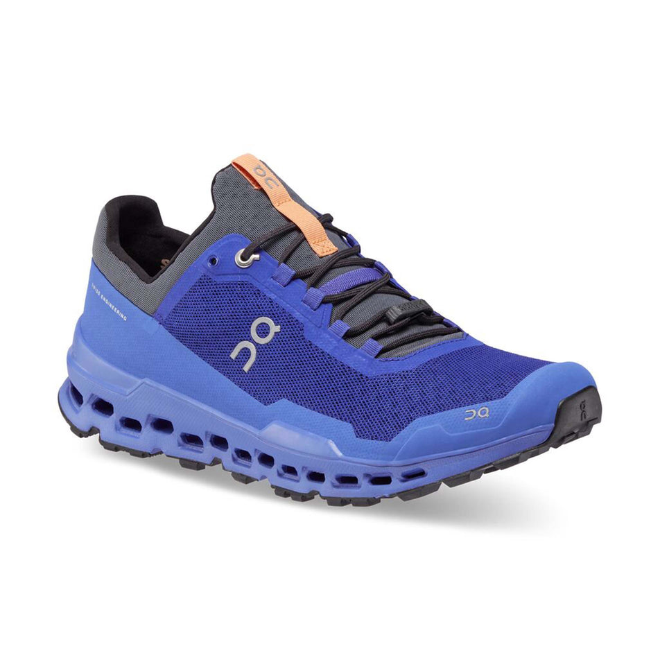 Right shoe anterior angled view of On Men's Cloudultra Running Shoes in blue (7672492064930)
