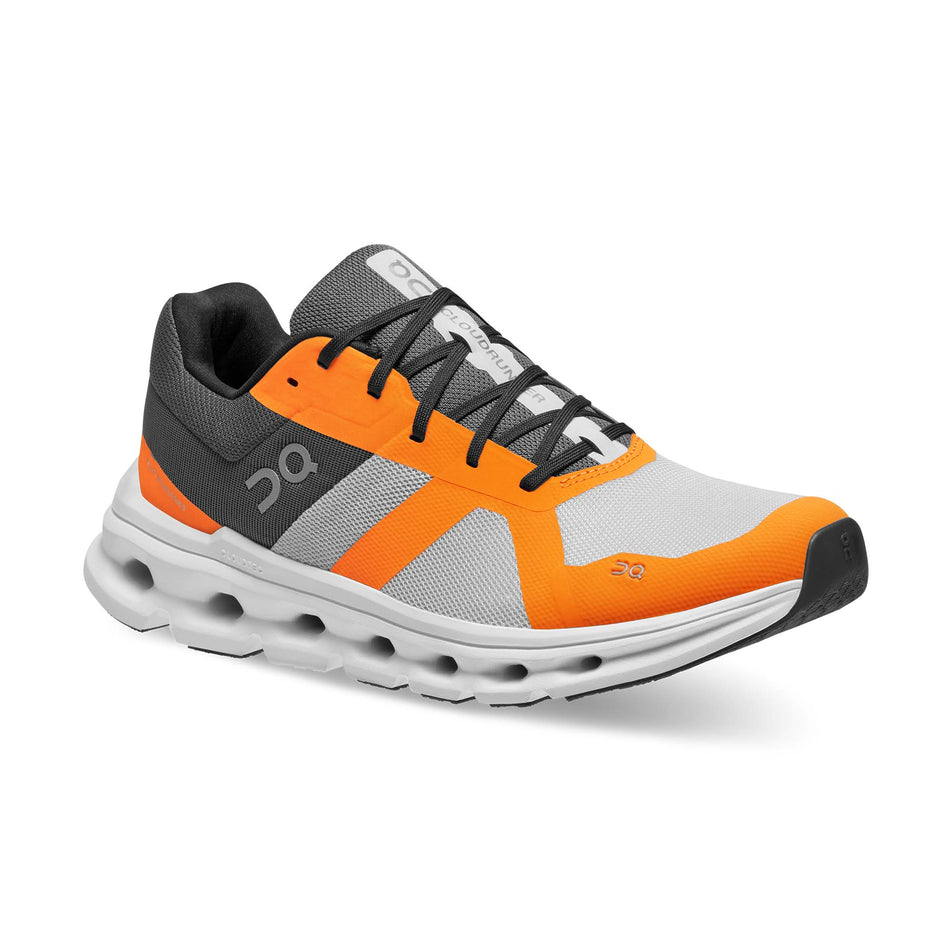 Right shoe anterior angled view of On Men's Cloudrunner Running Shoes in grey (7525333237922)