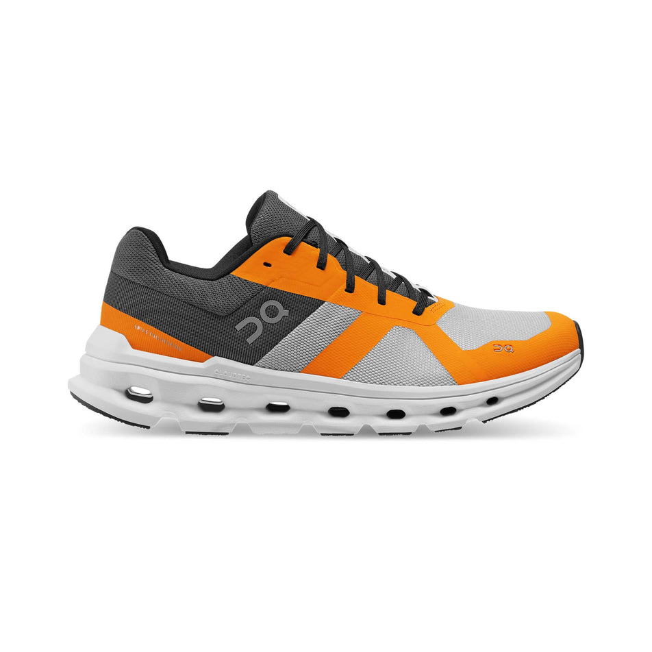 Right shoe lateral view of On Men's Cloudrunner Running Shoes in grey (7525333237922)