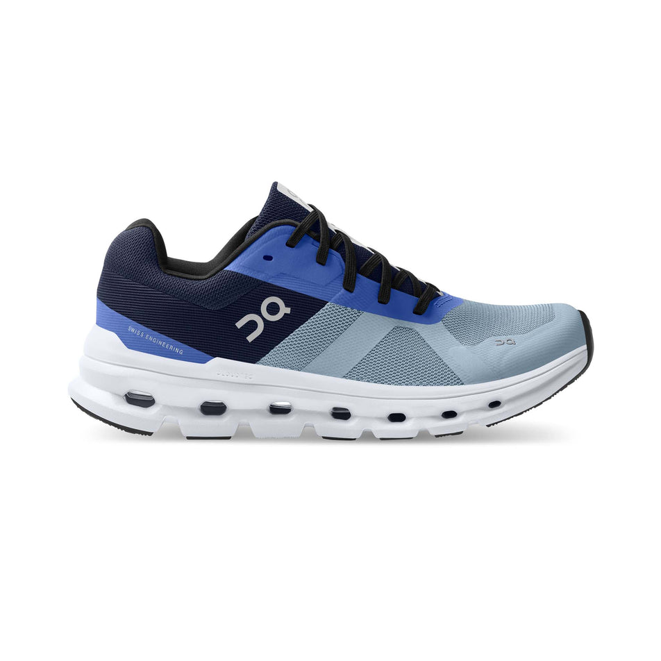 Right shoe lateral view of On Women's Cloudrunner Running Shoes in blue (7674886029474)