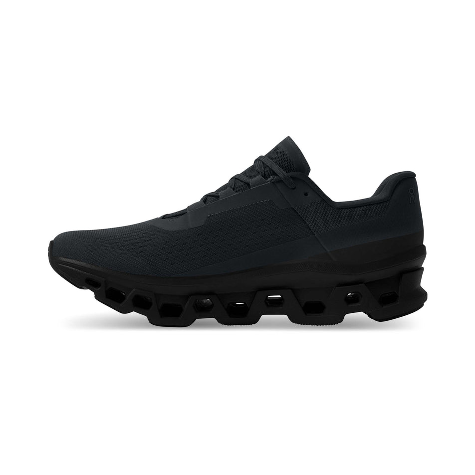 Right shoe medial view of On Men's Cloudmonster Running Shoes in black (7724308431010)