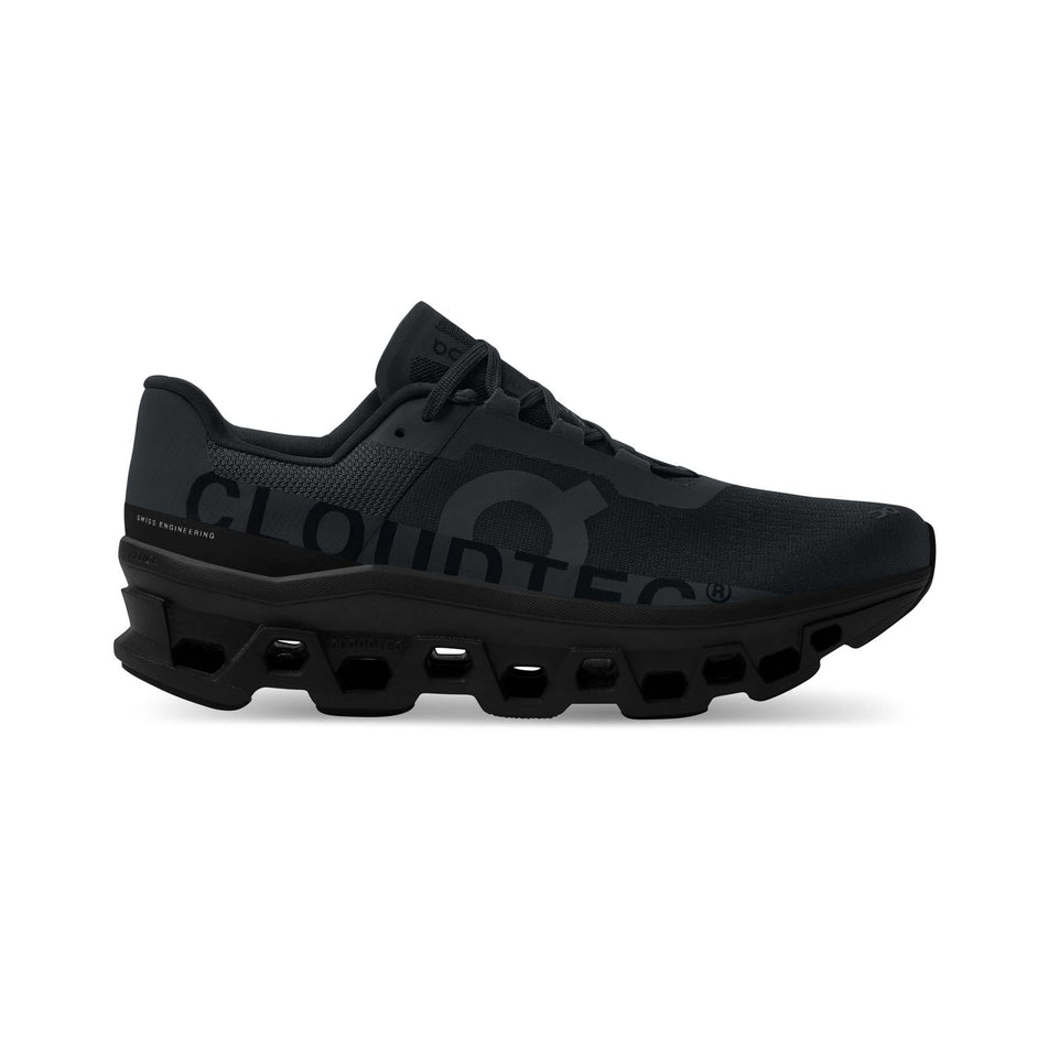 Right shoe lateral view of On Men's Cloudmonster Running Shoes in black (7724308431010)