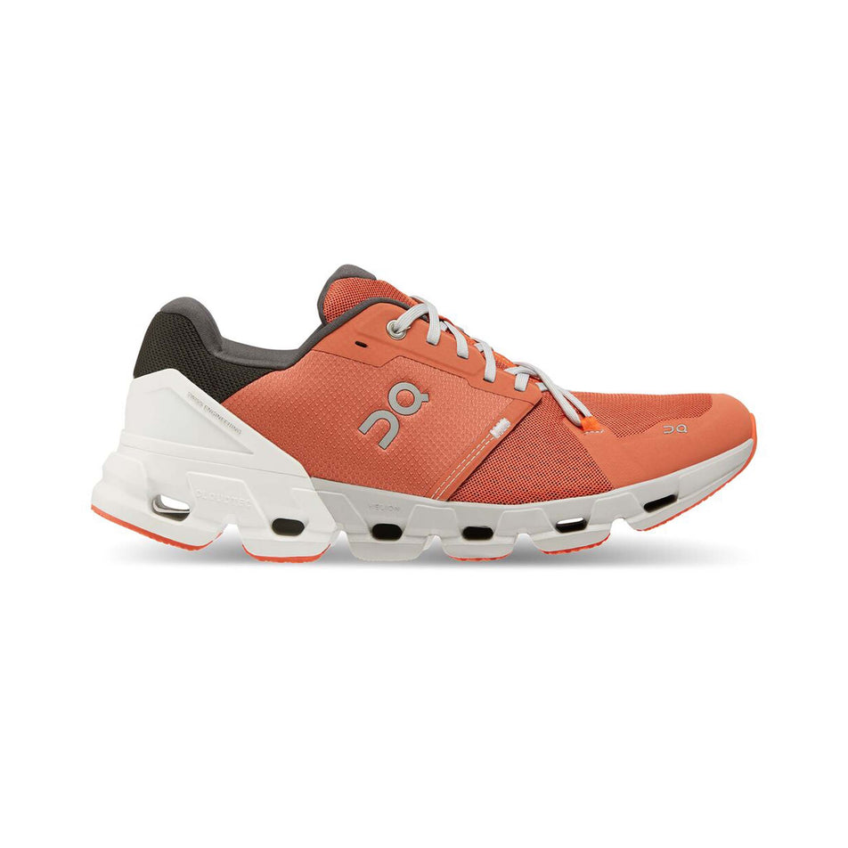 Right shoe lateral view of On Men's Cloudflyer 4 Running Shoes in orange (7671578591394)