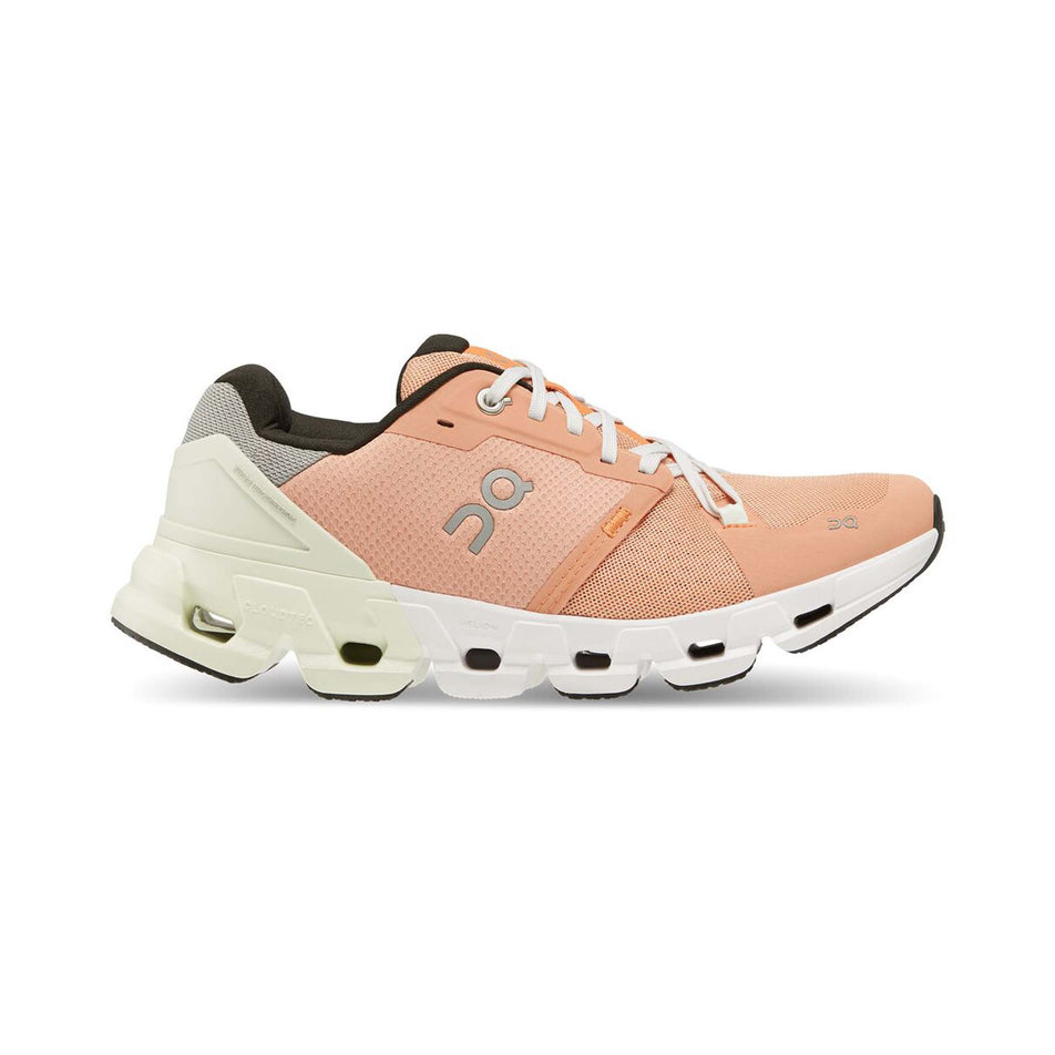 Right shoe lateral view of On Women's Cloudflyer 4 Running Shoes in orange (7673430966434)
