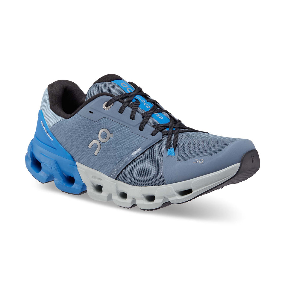 Right shoe anterior angled view of On Men's Cloudflyer 4 Running Shoes in blue. (7724306137250)