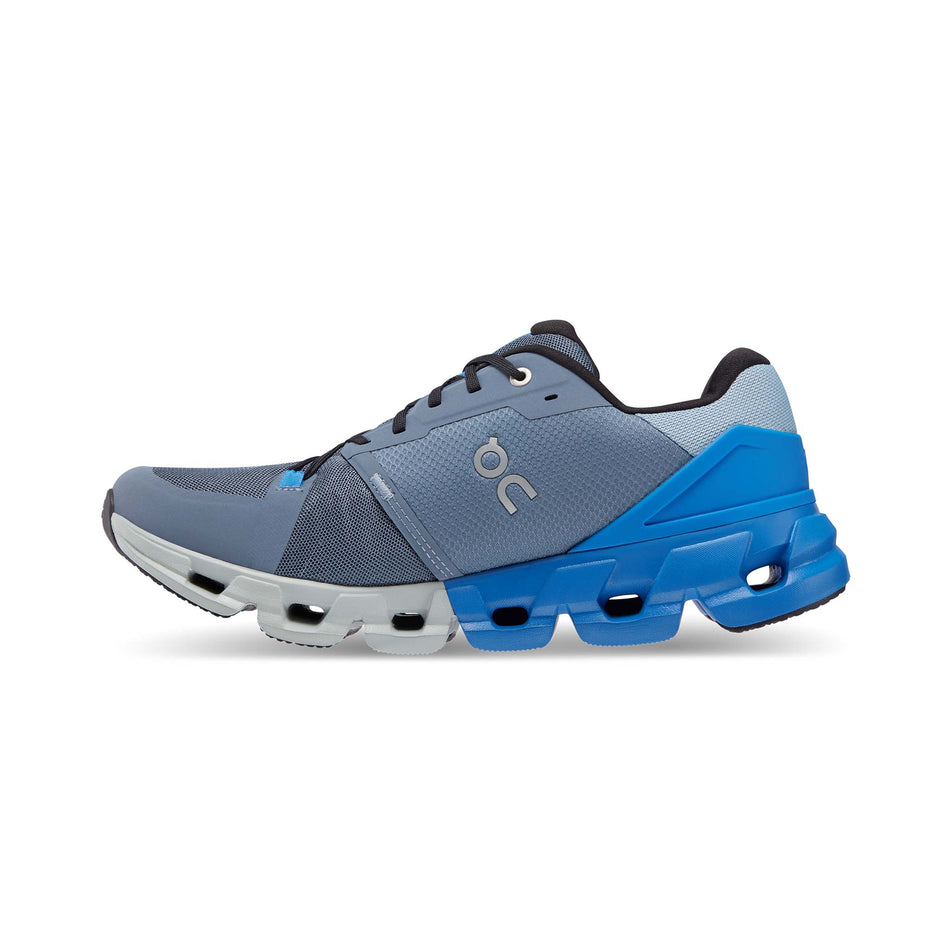 Right shoe medial view of On Men's Cloudflyer 4 Running Shoes in blue. (7724306137250)