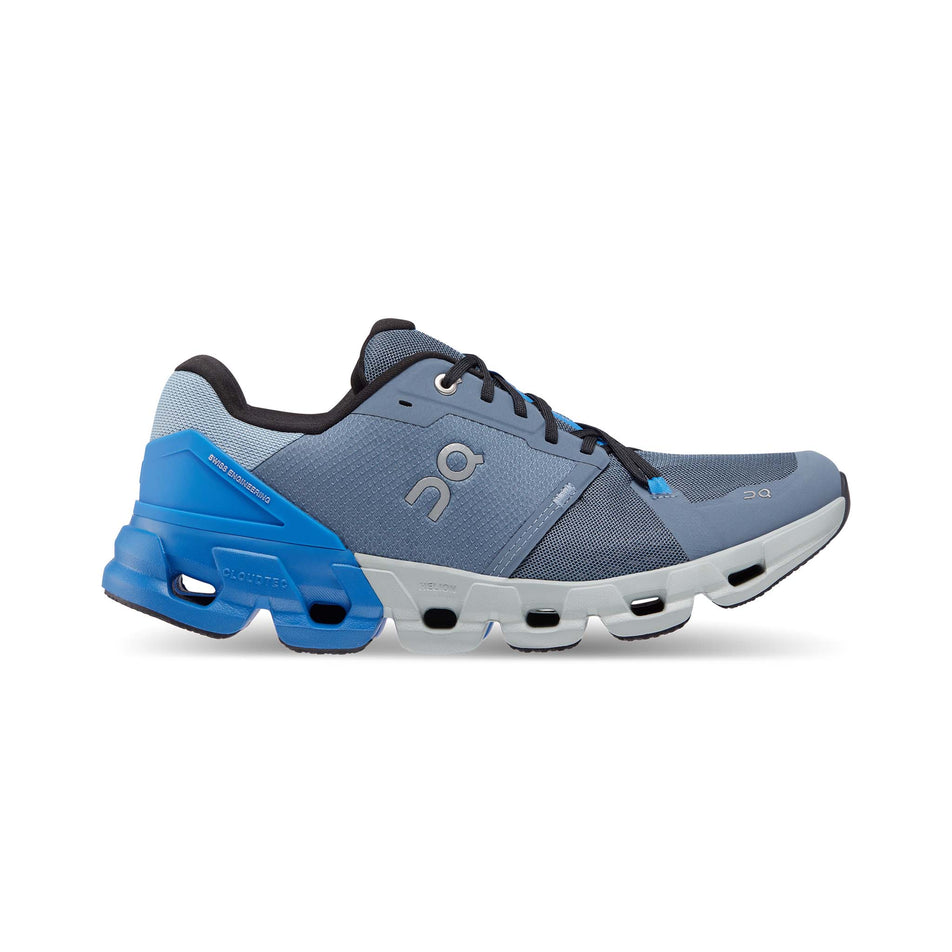 Right shoe lateral view of On Men's Cloudflyer 4 Running Shoes in blue. (7724306137250)