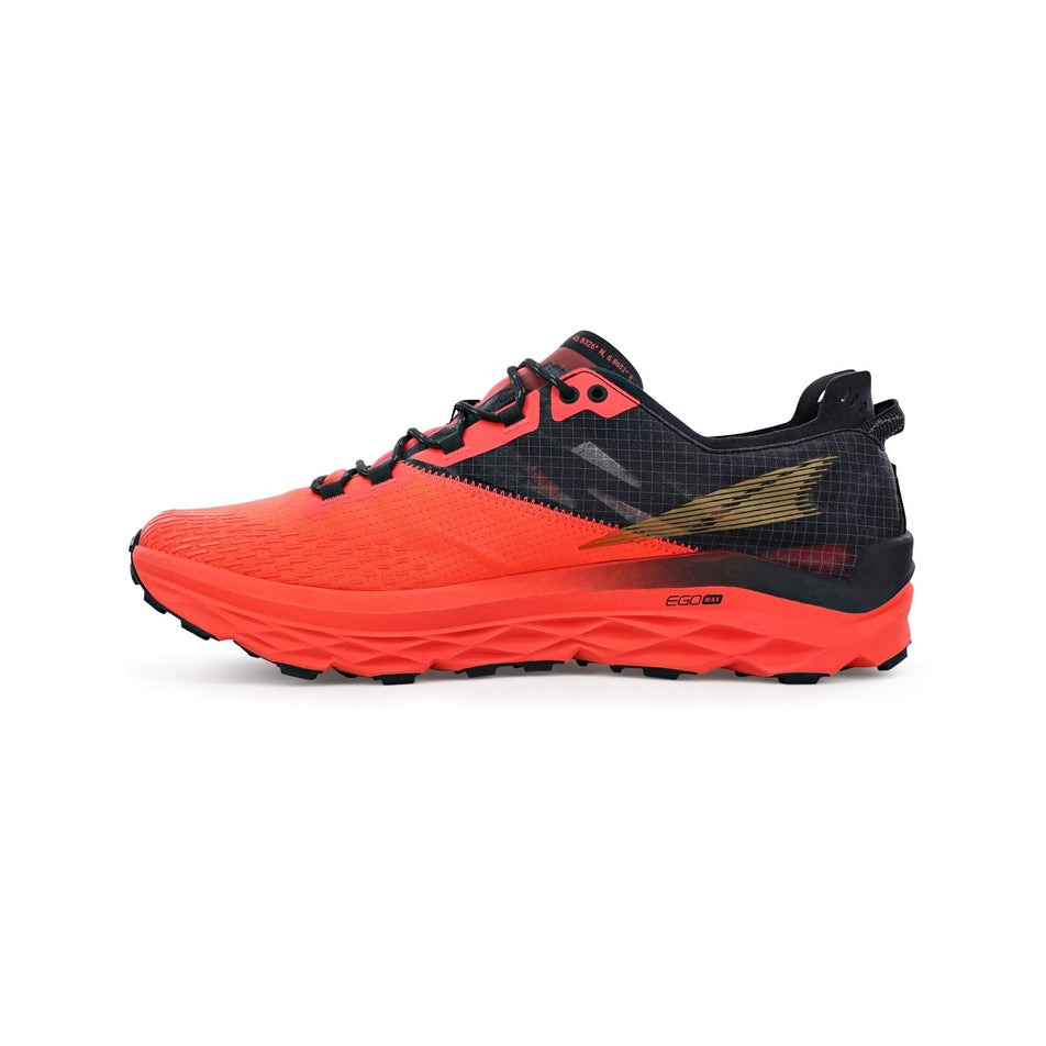 Medial side of the right shoe from a pair of men's Altra Mont Blanc Running Shoes in the Coral and Black colour (7710963564706)