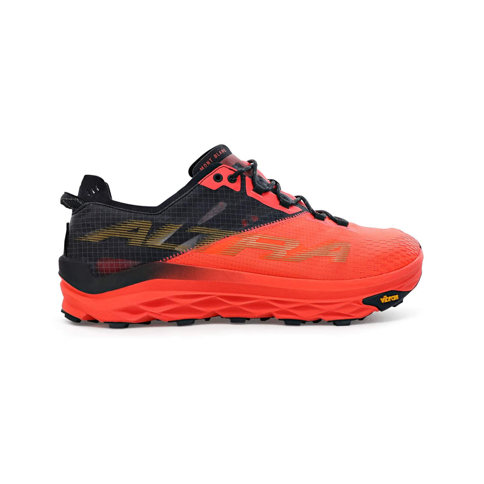 Lateral side of the right shoe from a pair of men's Altra Mont Blanc Running Shoes in the Coral and Black colour (7710963564706)