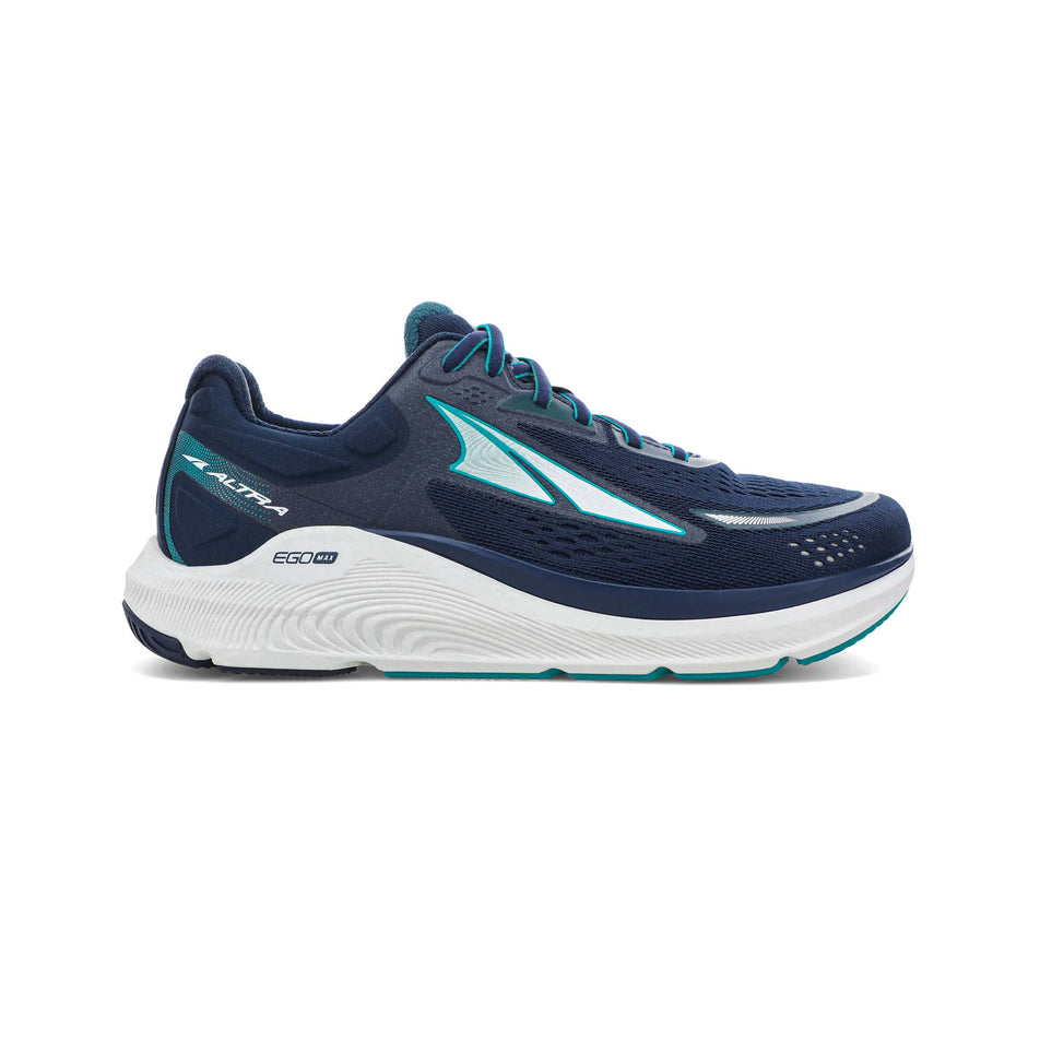 Lateral view of women's altra paradigm 6 running shoes in blue (7520529449122)
