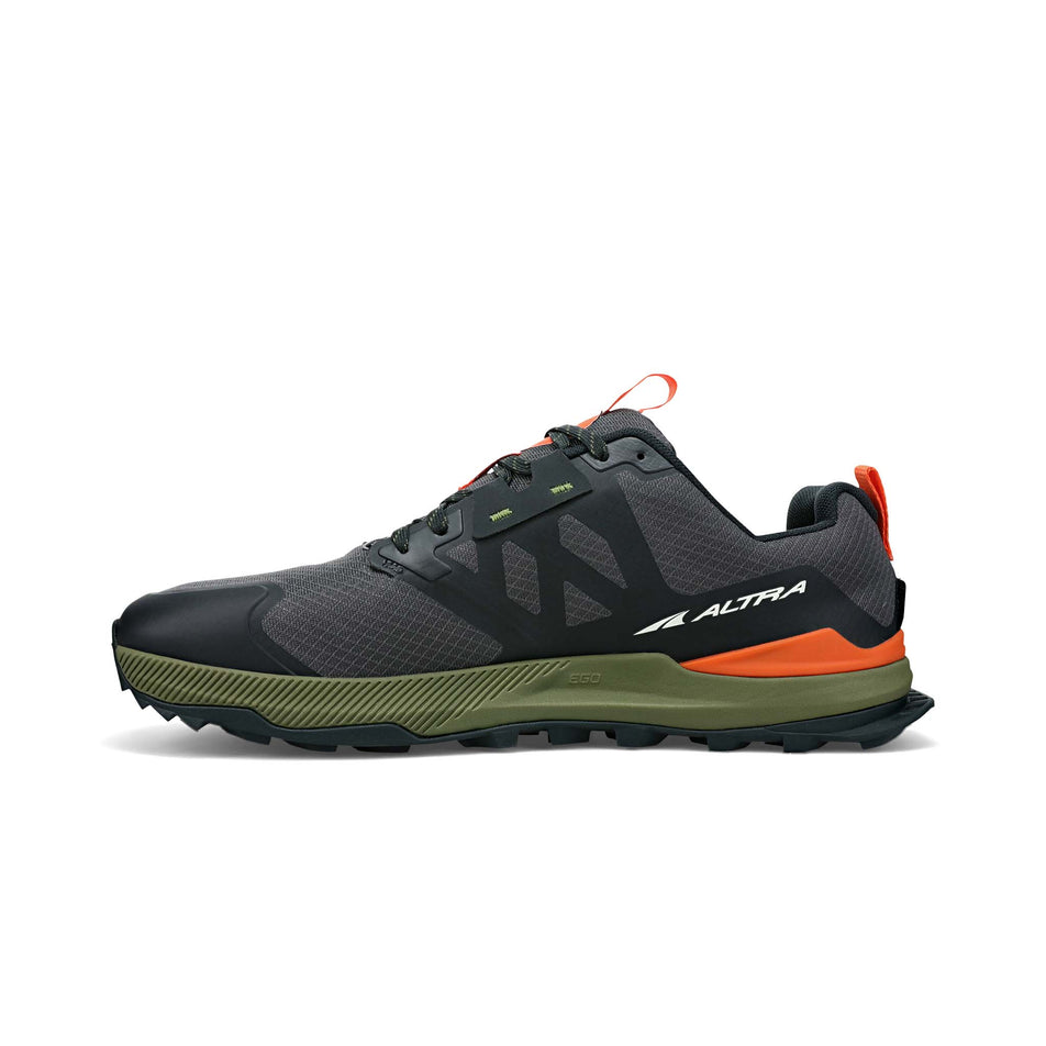 Right shoe medial view of Altra Men's Lone Peak 7 Running Shoes in black. (7710982176930)
