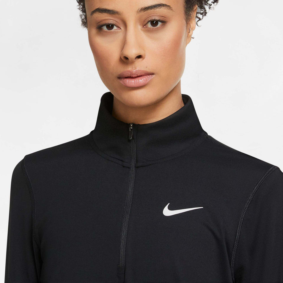 Chest view of Nike Women's Dri-Fit Element Running Top HZ in black (7677561864354)