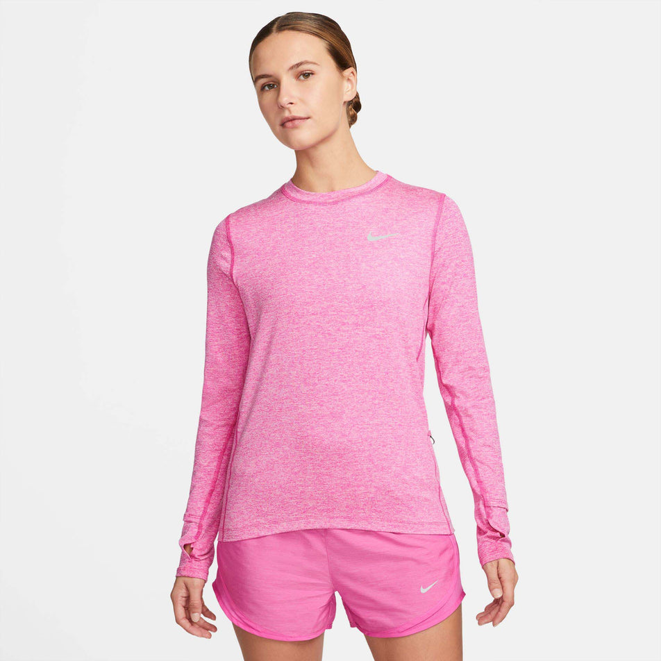 Front view of Nike Women's DF Element Running Crew in pink. (7729574740130)