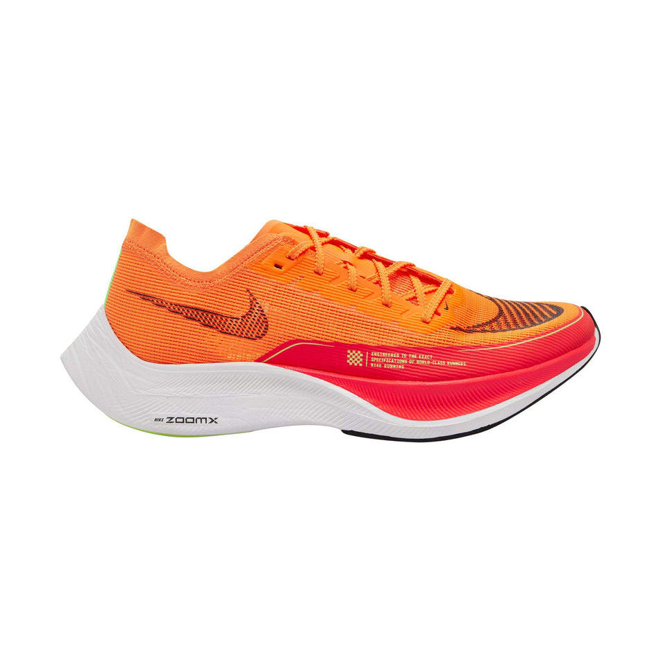 Lateral view of men's nike zoomx vaporfly next% 2 running shoes in orange (7599235760290)