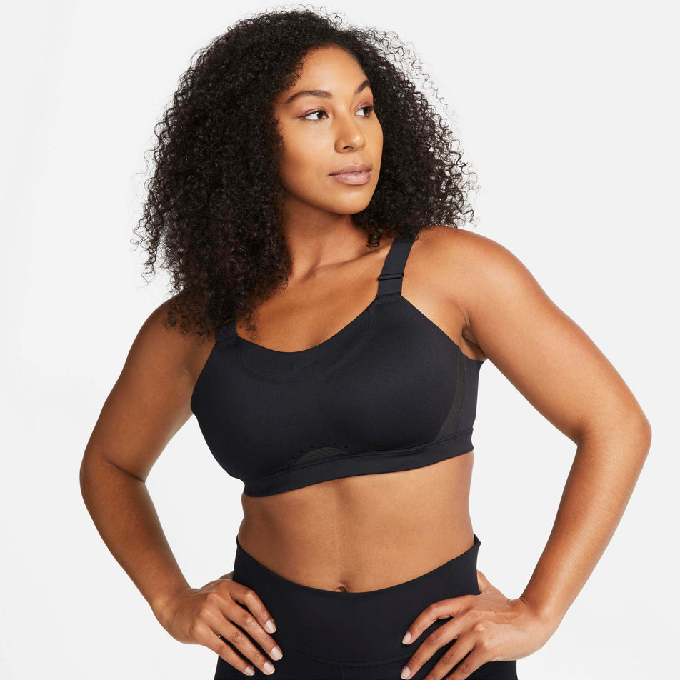 Front view of women's nike dri-fit alpha bra in black (7577920635042)