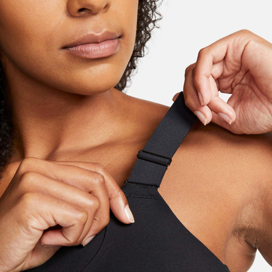 Strap view of women's nike dri-fit alpha bra in black (7577920635042)