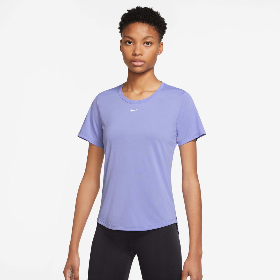 Front view of women's nike one dri-fit ss std top plus size in purple (7492528341154)