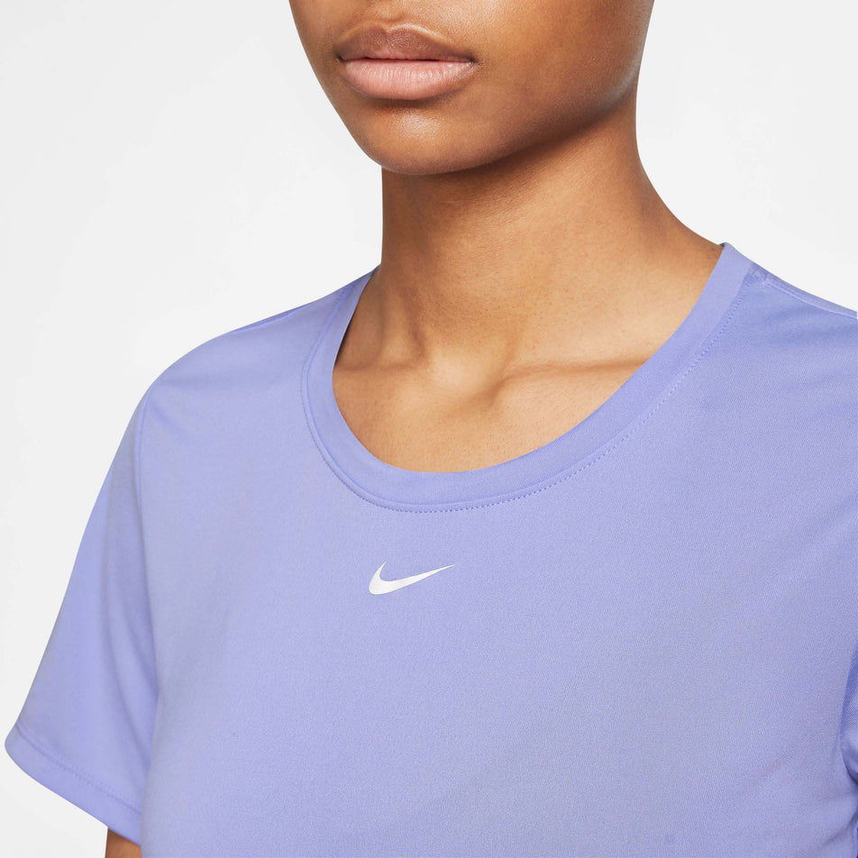 Neckline view of women's nike one dri-fit ss std top plus size in purple (7492528341154)