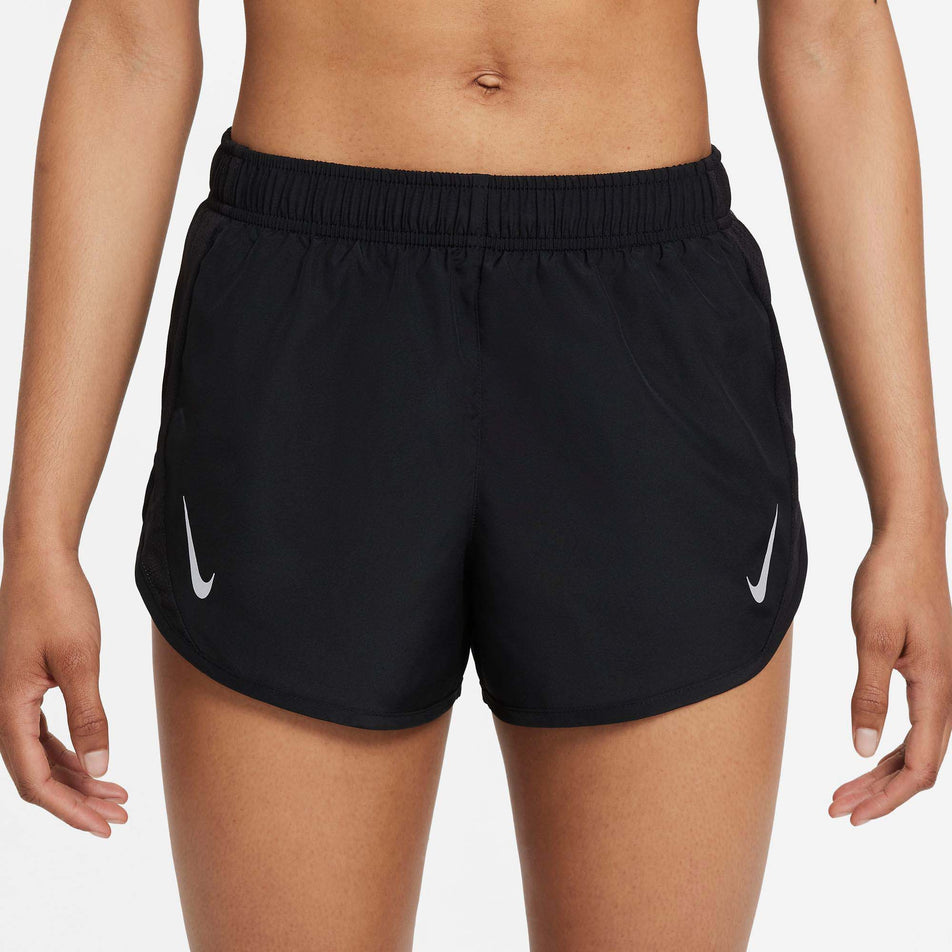 Close-up front view of a model wearing a pair of Nike Women's Dri-FIT Tempo Race Brief-Lined Running Shorts  (7876347134114)