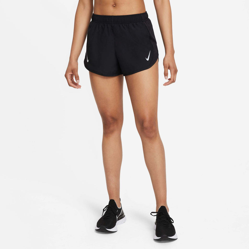Front view of a model wearing a pair of Nike Women's Dri-FIT Tempo Race Brief-Lined Running Shorts (7876347134114)