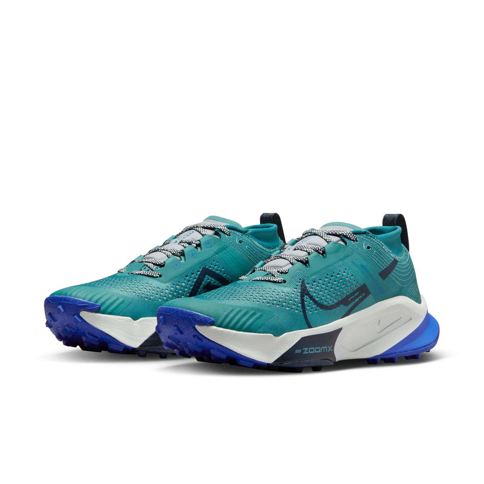 Pair anterior angled view of Nike Men's ZoomX Zegama Trail Running Shoes in green. (7728683057314)