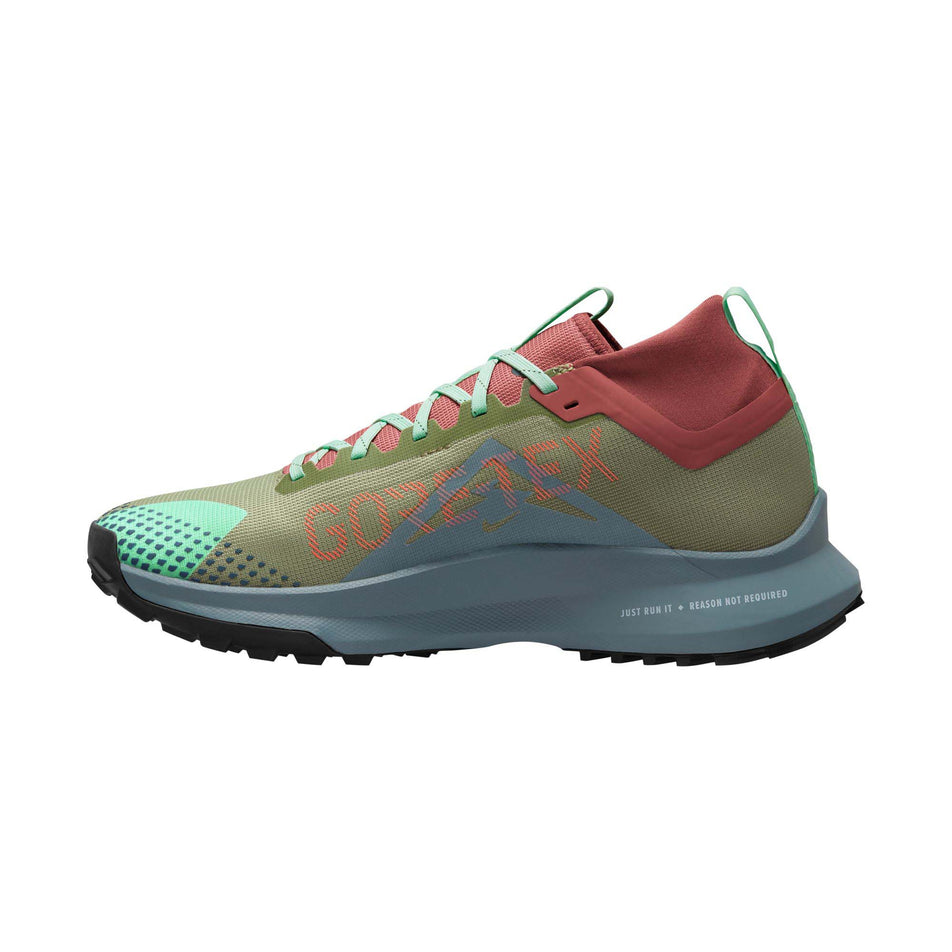 Right shoe medial view of Nike Men's React Pegasus Trail 4 Gore-Tex Running Shoes in green (7671224271010)