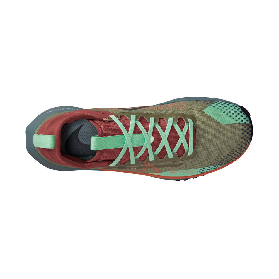 Right shoe outsole view of Nike Men's React Pegasus Trail 4 Gore-Tex Running Shoes in green (7671224271010)