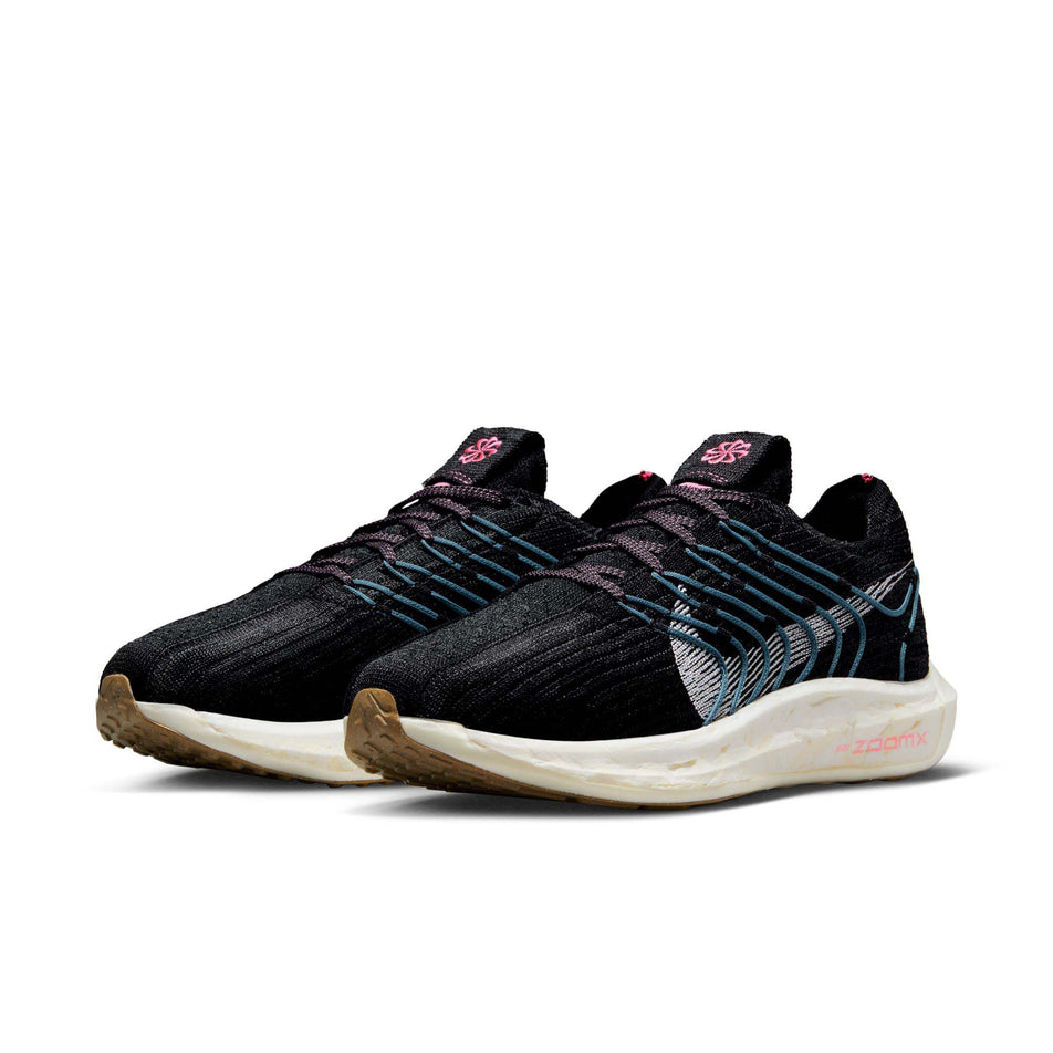 Pair anterior angled view of Nike Women's Pegasus Turbo Flyknit Next Nature Running Shoes in black. (7750553796770)