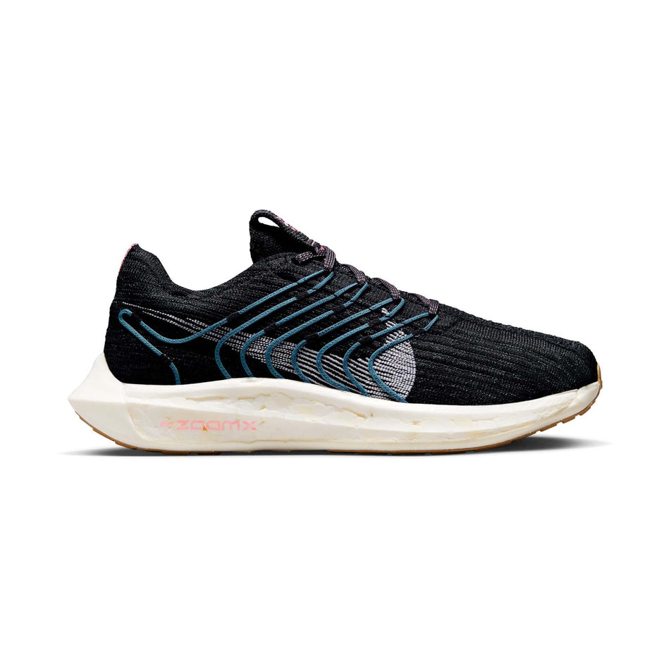 Right shoe lateral view of Nike Women's Pegasus Turbo Flyknit Next Nature Running Shoes in black. (7750553796770)