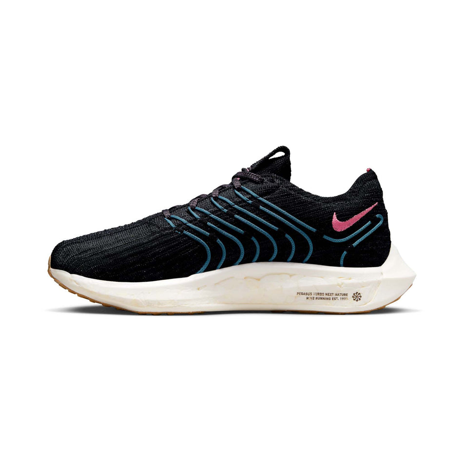 Right shoe medial view of Nike Women's Pegasus Turbo Flyknit Next Nature Running Shoes in black. (7750553796770)