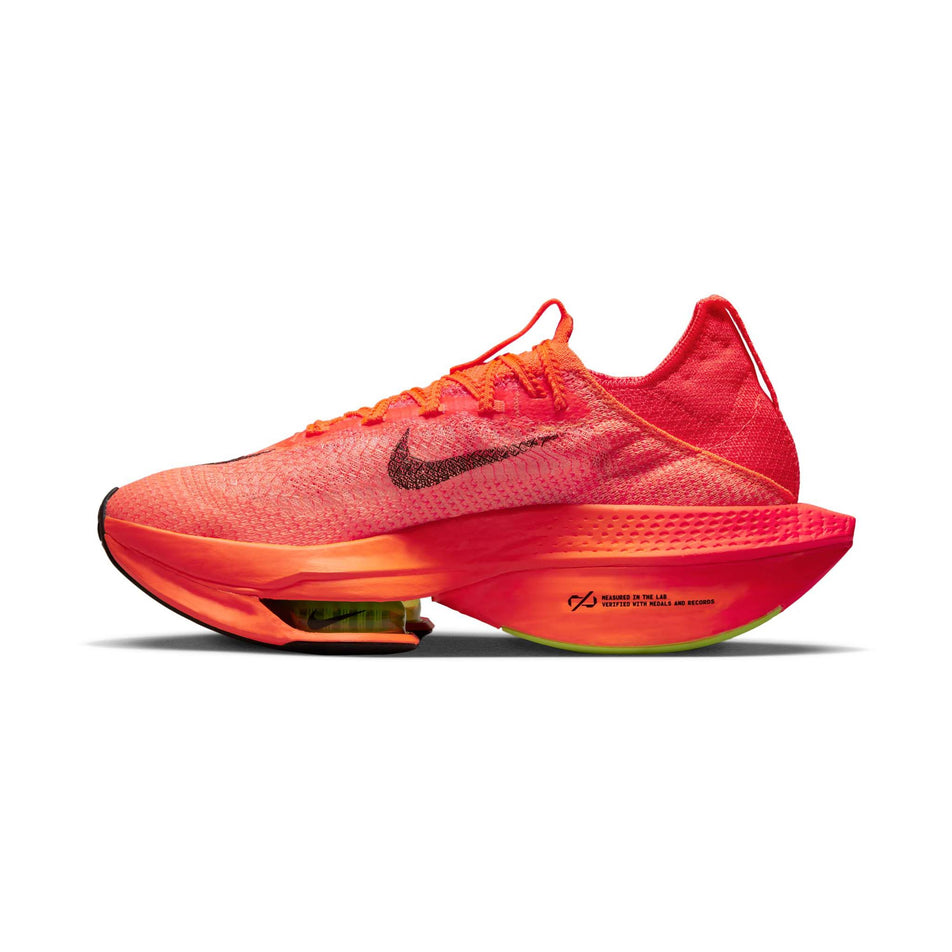 Medial view of women's nike air zoom alphafly next% flyknit 2 running shoes in orange (7600235315362)