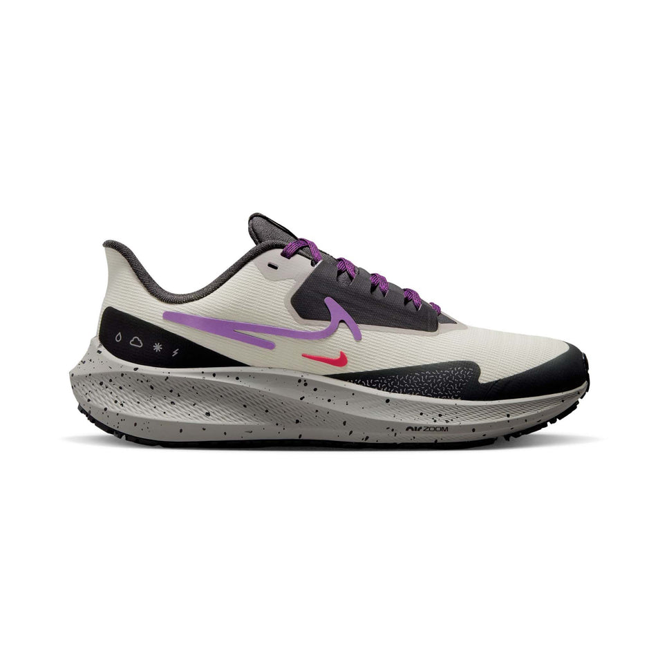 Right shoe lateral view of Nike Women's Air Zoom Pegasus 39 Shield Running Shoes in white. (7671459676322)