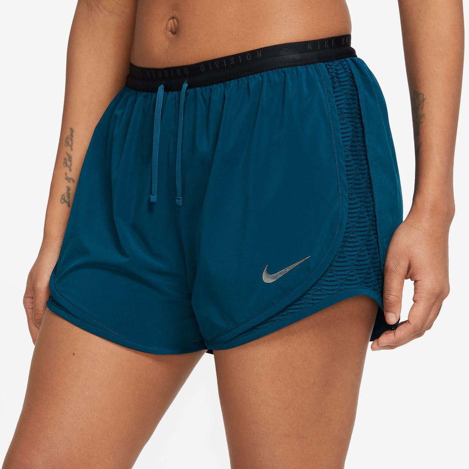 Front view of Nike Women's Dri-Fit Run DVN Tempo LX Running Short in blue (7683358359714)