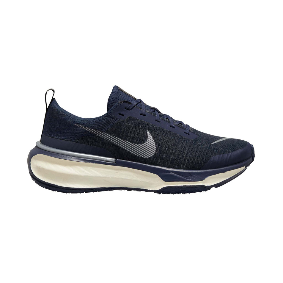 Right shoe lateral view of Nike Men's ZoomX Invincible Run Flyknit 3 Running Shoes in blue. (7751483228322)